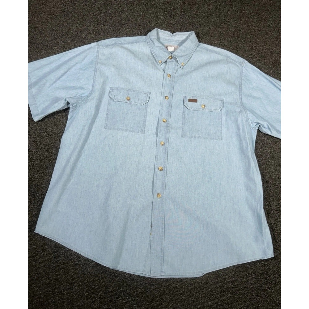 Vintage Carhartt Denim Shirt Men's XL Blue Button Down Work Short Sleeve Pockets